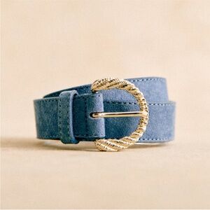 Sezane Thelma Belt Round Buckle Rare Suede Leather Denim Blue Gold 75 cm